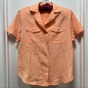 Karen Scott Shirt Blouse Short Sleeve Button Up Notched Collar Top Shoulder Pads